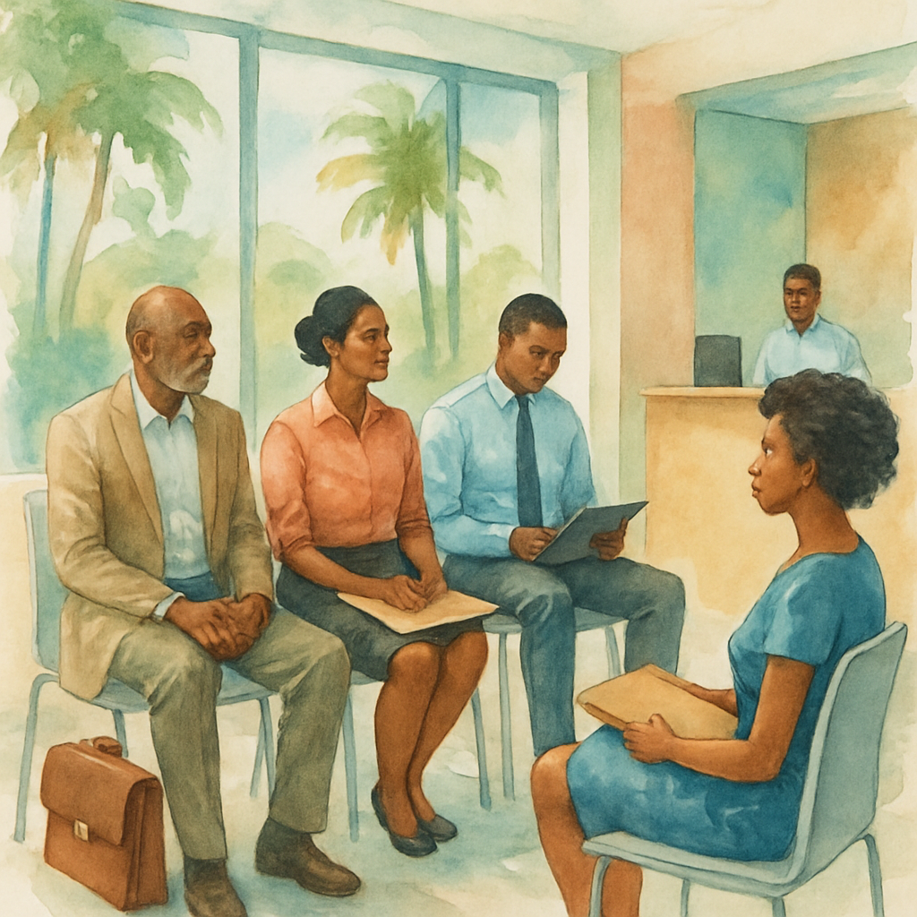 Candidatos à espera de entrevista de emprego em São Tomé e Príncipe