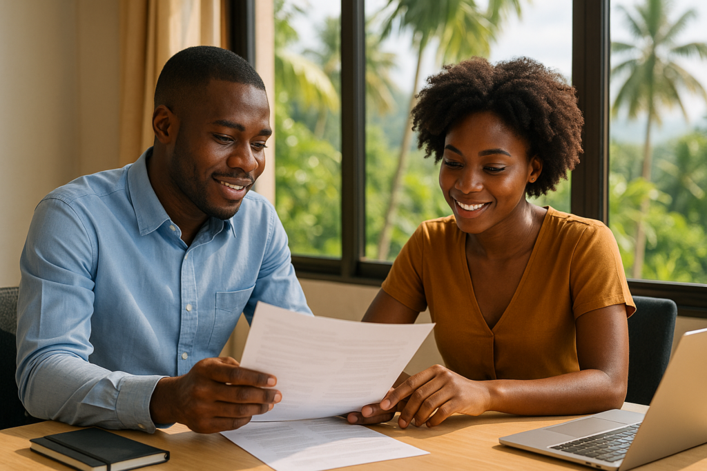 Dois jovens profissionais a analisar oportunidades de emprego em São Tomé e Príncipe