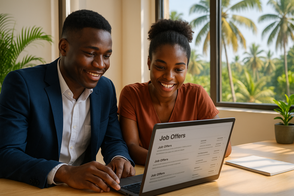 Jovens a consultar ofertas de emprego em São Tomé e Príncipe num computador portátil