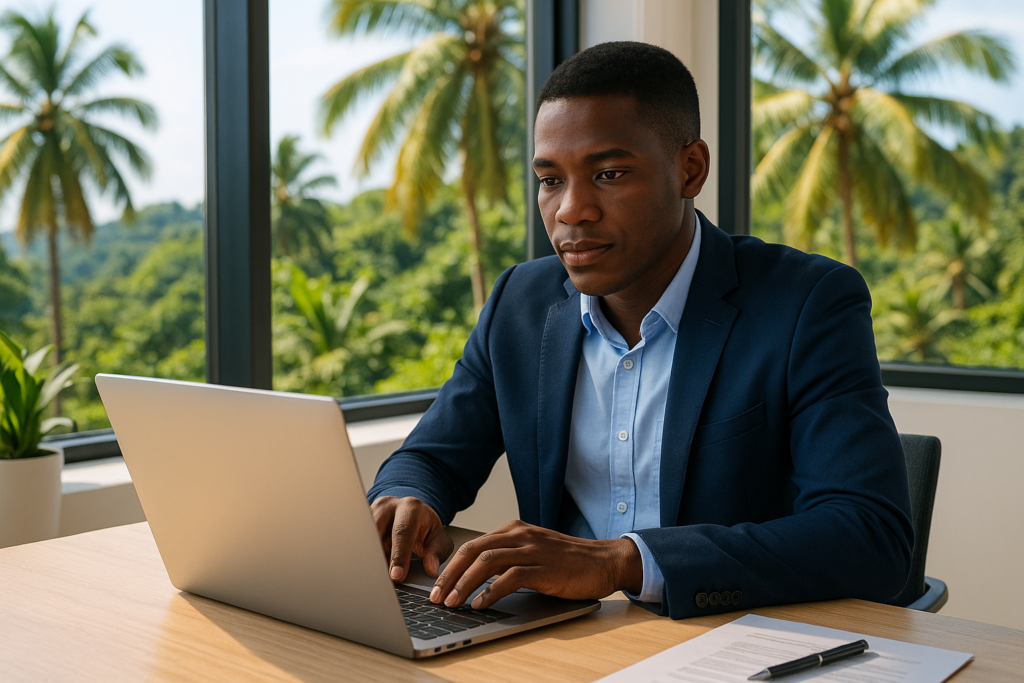 Jovem profissional a pesquisar vagas de emprego numa plataforma digital em São Tomé e Príncipe