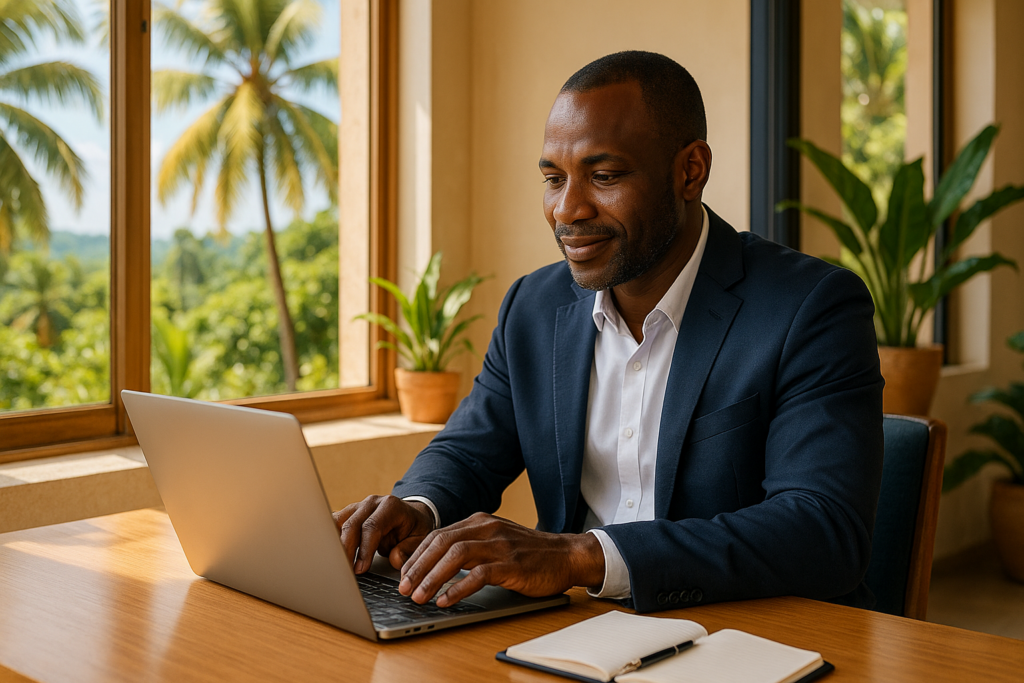 Empresário a publicar uma vaga de emprego online em São Tomé e Príncipe